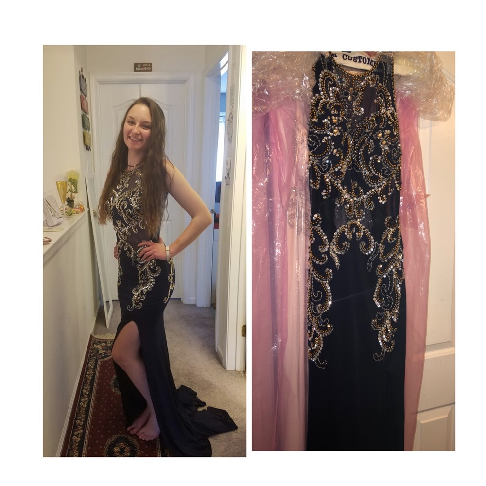 Navy blue prom dress with gold and silver beading